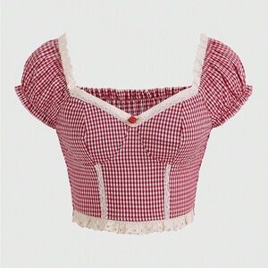 Gingham Print Lace Trim Puff Sleeve Crop Top Cottagecore Boho Whimsigoth Small